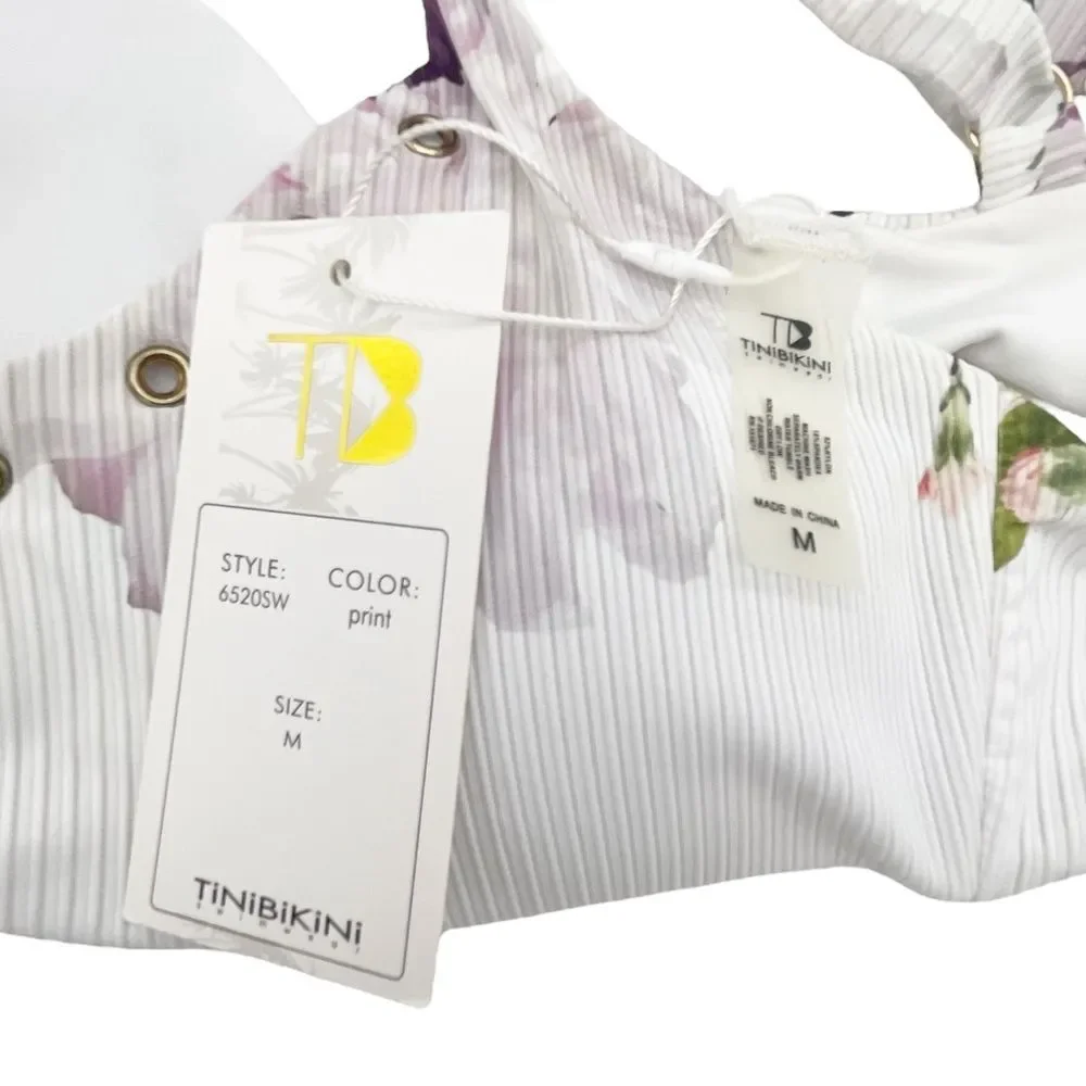 NWT TiniBikini Floral Ribbed Bikini Set S/M Eyelet Detail Swim White Lavender